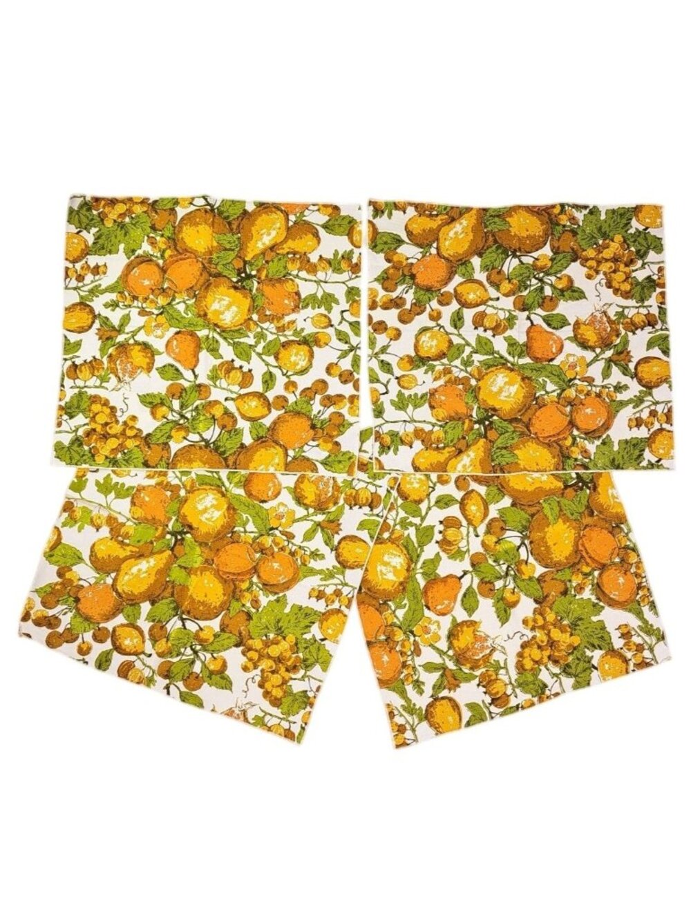 Vintage Fruit Print Cloth Napkins Set Of 4 Orange Green 1970s 16"x14.5" Pears - Picture 2 of 7